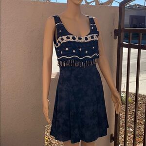 Just Choon Size 5 Navy Cream Beads Vintage Mini Zipped Dress Juniors Made In USA